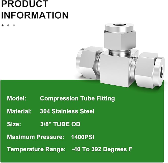 TAISHER 2PCS 304 Stainless Steel Compression Tube Pipe Fitting Connector, 3/8" Tube OD x 3/8" Tube OD x 3/8" Tube OD Tee Adapter