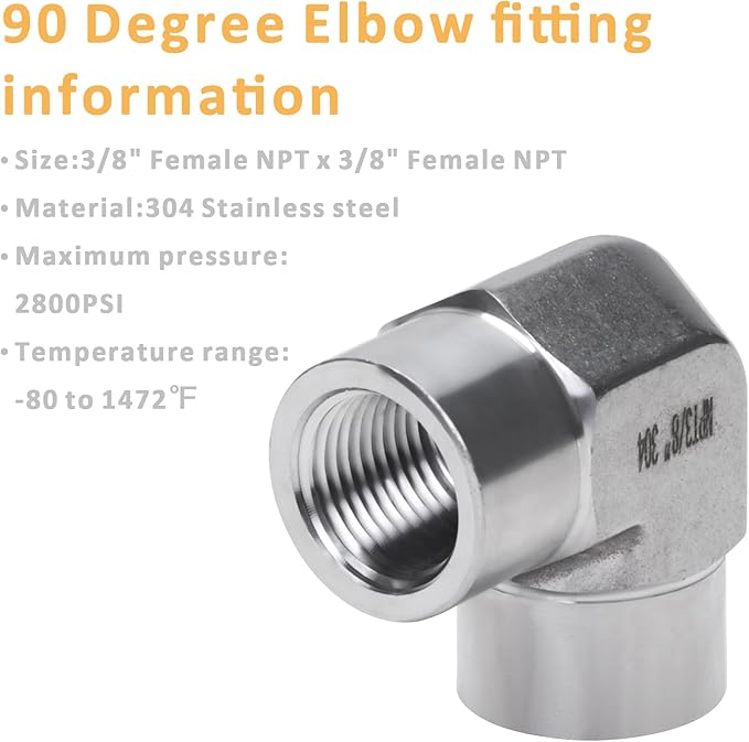 90 Degree Street Elbow - 3/8" NPT Female to 3/8" NPT Female Stainless Steel 304 Heavy Duty Forged Barstock Street Elbow Adapter Pipe Fitting (pack of 2)