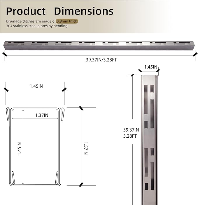 Pool Deck Drain Channel, 1-7/16" W x 3.3' L, 304 Stainless Steel Channel Drain Outdoor, Deck Drainage System with Coupling, Trench Drain System for Pool Decks, Patios,Walkways, Courtyards, Paver.