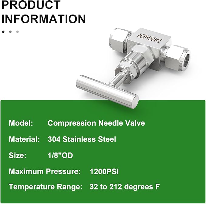 TAISHER 1PCS 304 Stainless Steel High Pressure Straight Needle Valve 1/8" Tube OD x 1/8" Tube OD For Flow Control Water Gas Oil