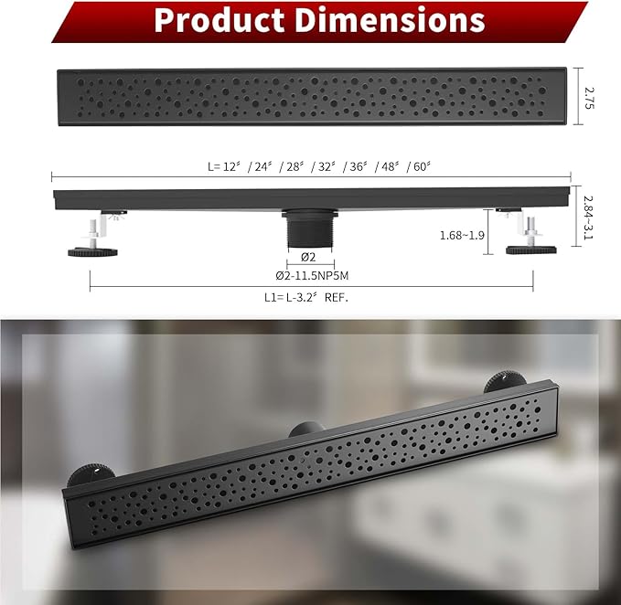 Sharp-tec Shower Drain, 28 inch Linear Shower Drain, Matte Black 304 Stainless Steel Rectangular Shower Floor Drain with Adjustable Leveling Feet, Hair Strainer, cUPC Certified, ST-099-28B