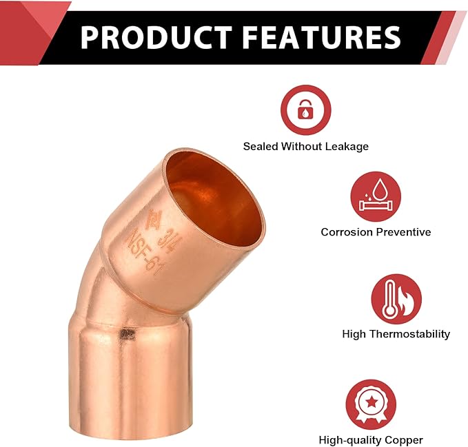 (Pack of 10) EFIELD 3/4" C X C Copper 45 Degree Elbow, LF Short Turn Copper Plumbing Fittings with Sweat Solder Connection (3/4"x3/4"),(COPPER060)