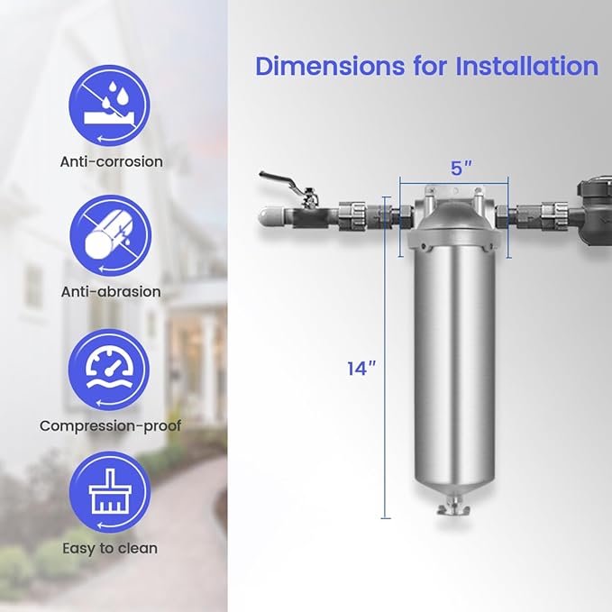 Amwater NSF/ANSI 42 Stainless Steel Whole House Water Filter Housing, 10" x 2.5" Sediment Water Filter System for Heavy Duty, Well & City Water, 1/2" NPT Port, Drain Valve Style A