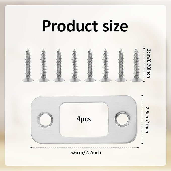 4Pcs Door Strike Plate Round Corner Stainless Steel Deadbolt Strike Plate 1" x 2-1/4" Door Lock Plates with 8 Screws for Interior/Exterior Doors