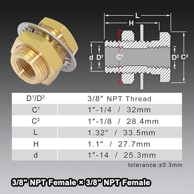 2pcs Brass Bulkhead Fittings 3/8” NPT Female to 3/8” NPT Female Thread Bulkhead Straight Connector Brass Coupling 1.3” Length Outer Diameter 1”-14 Bulkhead Tank Air Hose Line Pipe Fittings