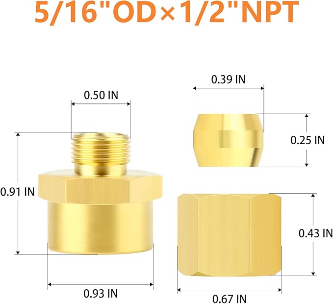 GASHER 5PCS Brass Compression Union Tube Pipe Fitting Connector, 5/16" Tube OD x 1/2" NPT Female Connector