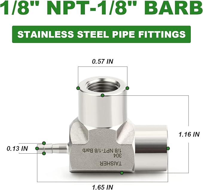 TAISHER 1PCS Forging of 304 Stainless Steel 3 Way Tee Hose Barb Fitting, 1/8" Hose Barb x 1/8" FNPT x 1/8" FNPT for Fuel/Air/Lquid/Gas with 2PCS Hose Clamp