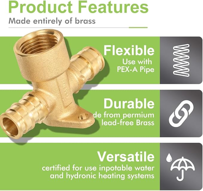 2 Pack Brass Expansion Drop Ear Tee Fittings, 1/2" x 1/2" Pex-A x 1/2" Female NPT, Full Port For Pex-A Tubing Connection, NSF/ANSI 61 NSF 372 Certificate, ASTM F1960 Certified