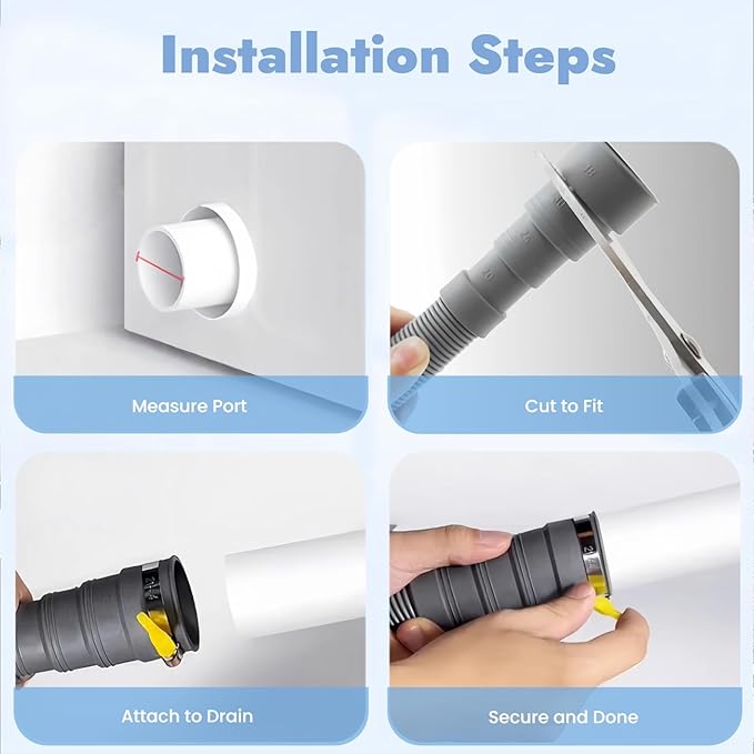 10FT Universal Washing Machine Drain Hose Kit – Extra-Long Flexible Corrugated Extension for Washer/Dishwasher/Dehumidifier | 7-Pack: U-Bend Bracket, 4 Stainless Clamps + Adapter