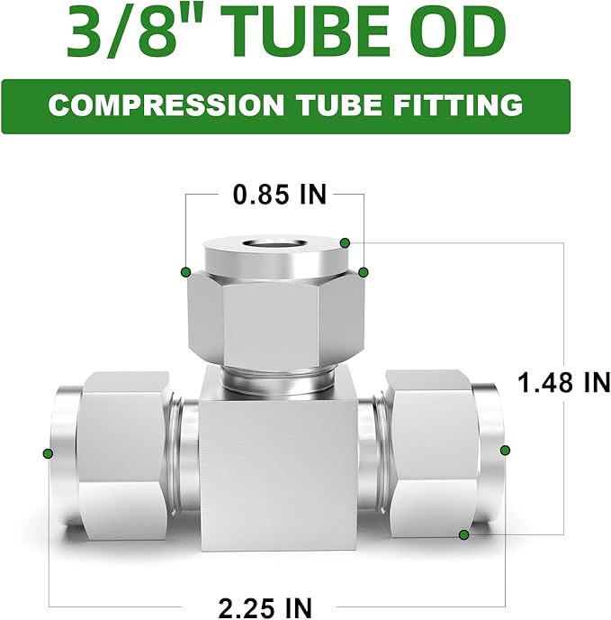 TAISHER 2PCS 304 Stainless Steel Compression Tube Pipe Fitting Connector, 3/8" Tube OD x 3/8" Tube OD x 3/8" Tube OD Tee Adapter