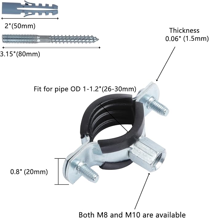 6 PCS Split Ring Pipe Hanger, Heavy Duty Adjustable Pipe Bracket Clamp with Screw & Expansion Tube, Wall Ceiling Mount Galvanized Iron Pipe Strap Supports Fit for Pipe OD 1-1.2 Inch(26-30mm)