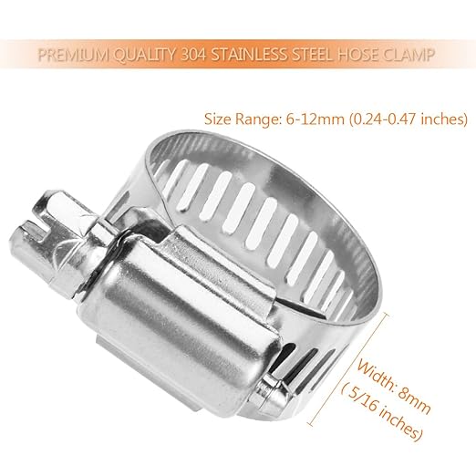 Hose Clamp, 20 Pack Stainless Steel Adjustable 6-12mm Size Range Worm Gear Fuel Line Clamp for Plumbing, Automotive And Mechanical Application