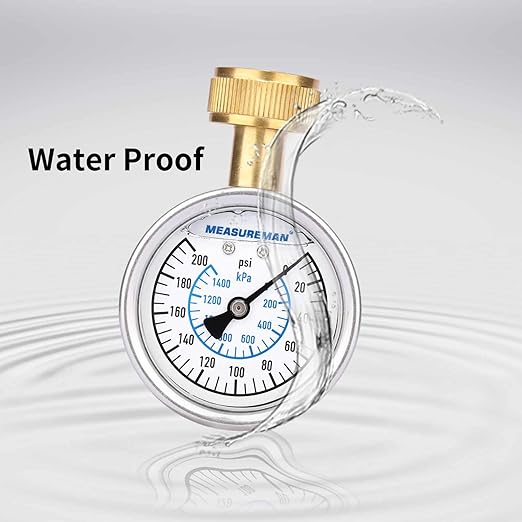 MEASUREMAN 2-1/2" Glycerin Filled Stainless Steel Water Pressure Test Gauge, 3/4" Female Hose Thread, 0-200 psi/kpa