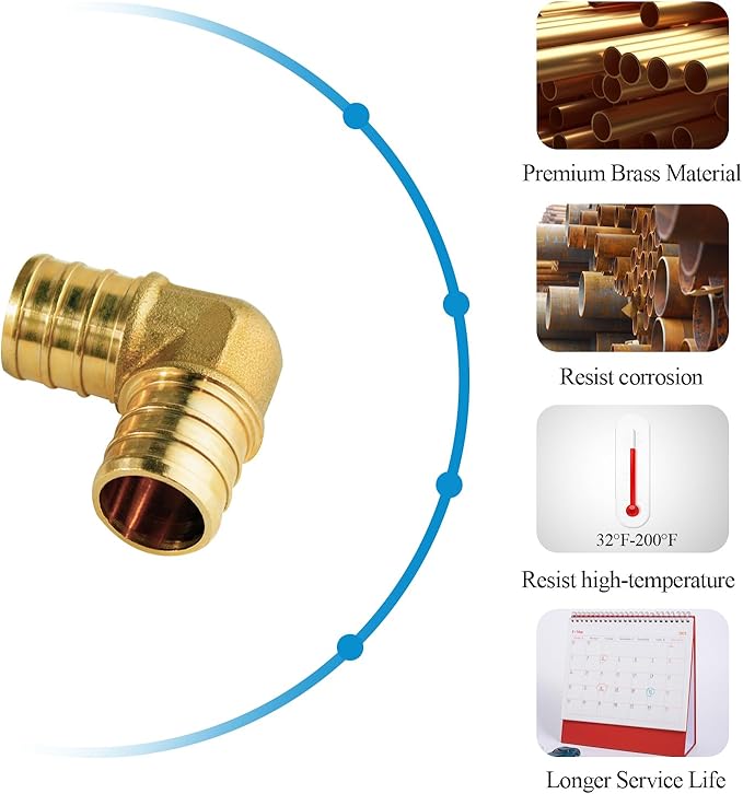 WiseWater 8 Pcs PEX Fittings 1 Inch, 1 Inch 90 Degree Elbow PEX Fittings, Brass Barb Crimp PEX Pipe Fitting for PEX Pipe Plumbing Projects (Pack of 8)