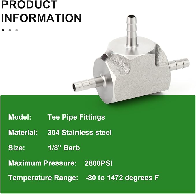 TAISHER 1PCS Forging of 304 Stainless Steel 3 Way Tee Hose Barb Fitting, 1/8" x 1/8" x 1/8" Hose Barb for Fuel/Air/Lquid/Gas with 3PCS Hose Clamp