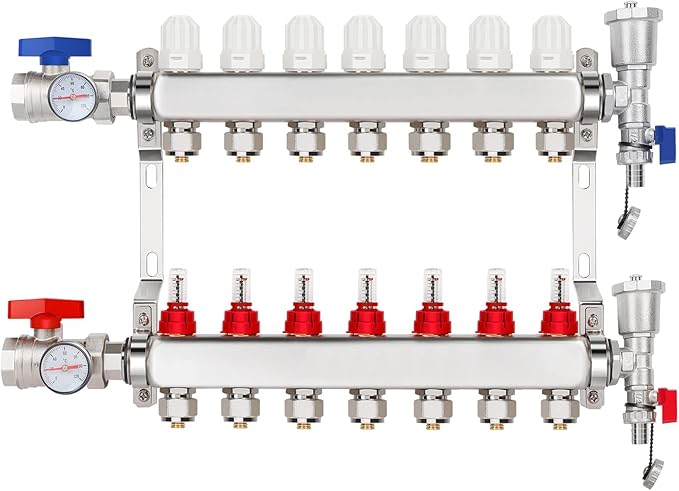 7-Branch PEX/Radiant Heat Manifold，1/2" PEX Tubing Manifold,304 Stainless Steel Floor Heat Manifold Kit with 1/2" Adapters Included for Hydronic Radiant Floor Heating (7-Loop)