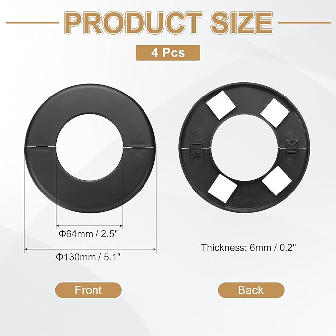 PATIKIL Wall Split Flange 130mm / 5.1" OD, 4 Pcs Round Escutcheon Plate Cover PPR Plumbing Cover Plates with Self-Adhesive Tape for 64mm / 2.5" Dia Water Pipe Faucet, Black
