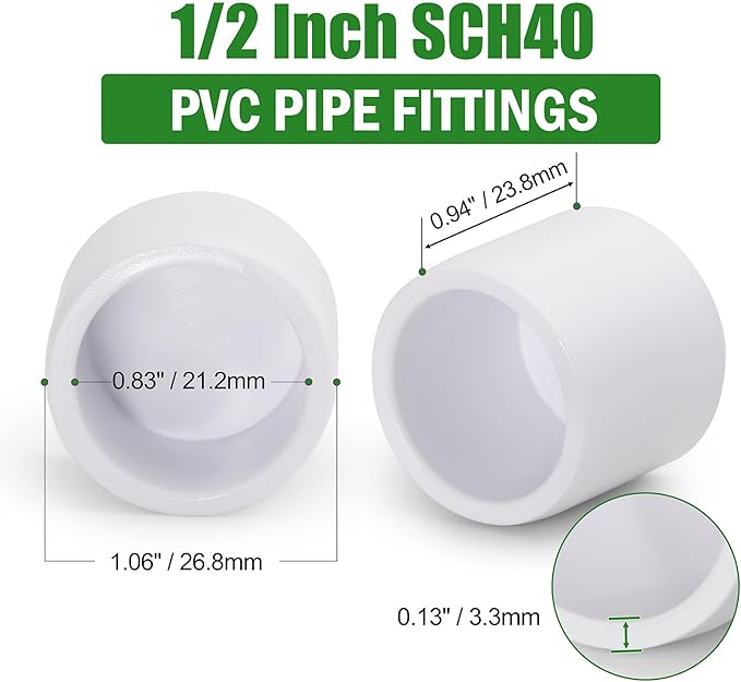 SCH40 PVC Cap 1/2 Inch - Fit Standard 1/2" SCH40 PVC Pipes (OD Approx. 0.84"), Zernmiarder Furniture Grade Pipe Caps, White Pipe Cover Fittings for Plumbing, DIY, Garden & Furniture - 12 Pcs