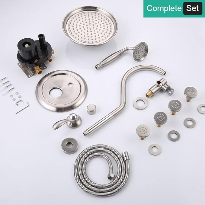 Antique Shower Faucet-Sets Fixtures: 9 inch Wall Rain Head with Handheld Spray and Body Jets, 3 Way Diverter Rough in Valve System included Trim Kit, Brushed Nickel