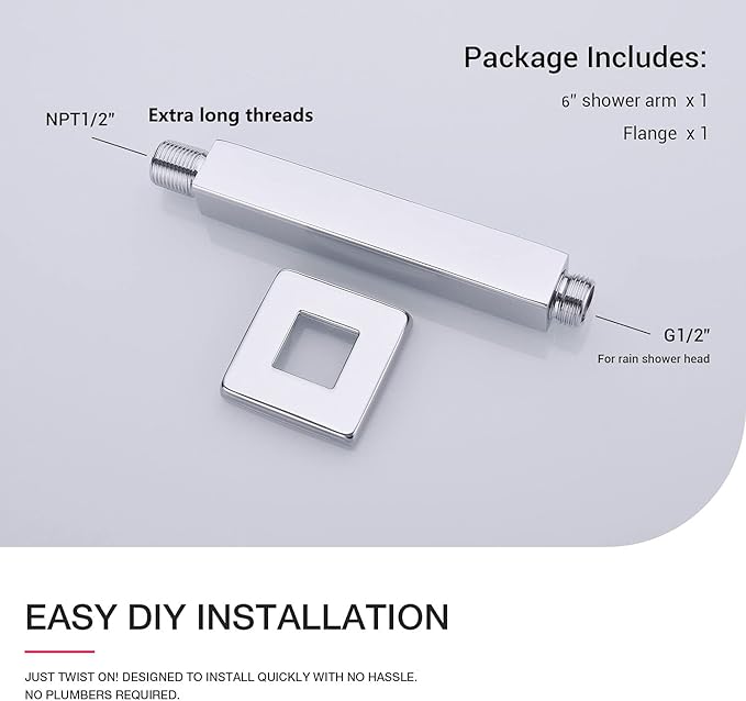 TRUSTMI Square Shower Arm with Flange 6 Inch Top Ceiling Mounted Extension for Rainfall Shower Head, Stainless Steel, NPT 1/2 to G 1/2, Chrome