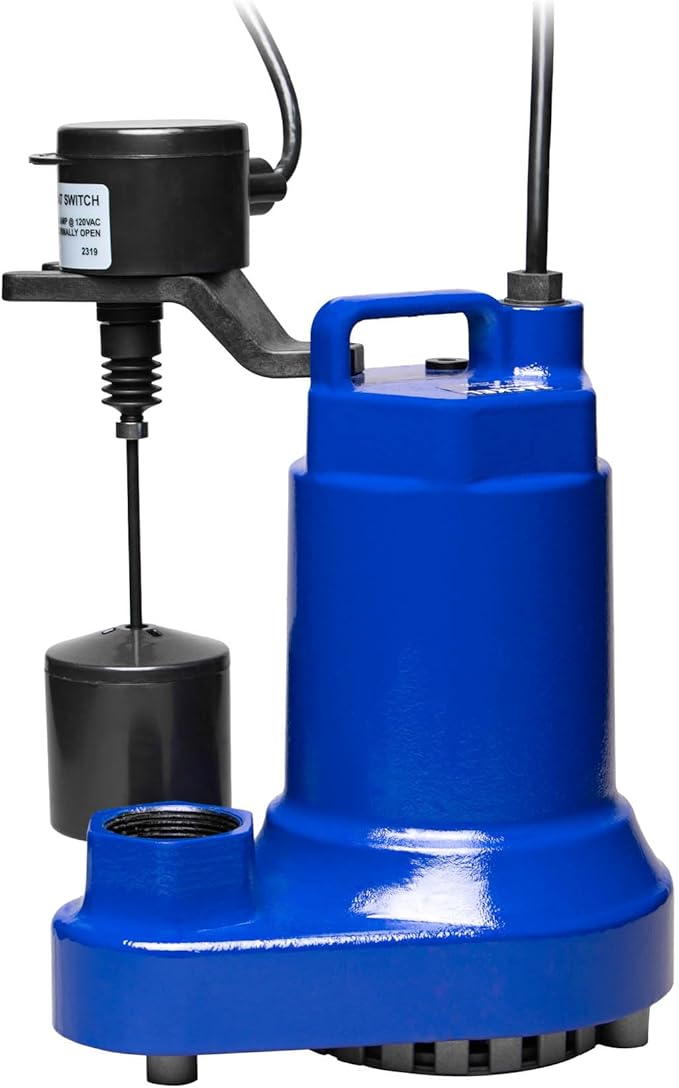 JACKEL 1/2 HP CAST IRON SUBMERSIBLE SUMP PUMP - VERTICAL SWITCH - 10FT PIGGYBACK POWER CORD - CHECK VALVE INCLUDED