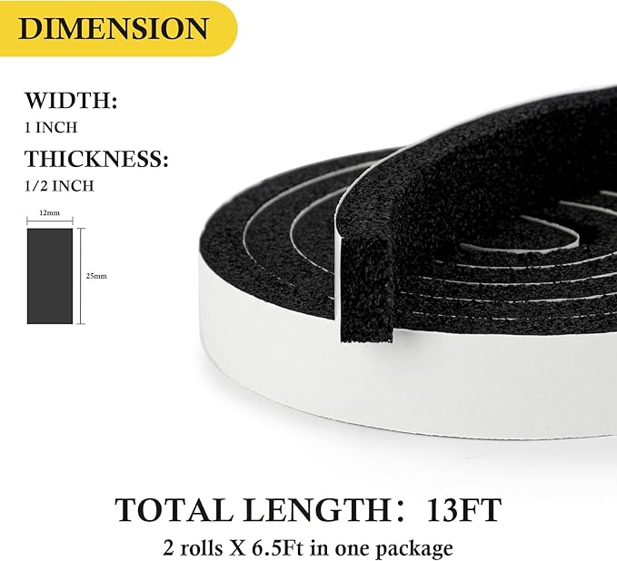fowong Weather Stripping 1" W X 1/2" T, Open Cell Adhesive Foam Tape Maximum Compression Shock Buffer Air Conditioning Rubber Foam Strip, 2 Rolls X 6.5 Ft