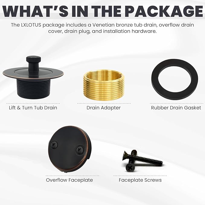 Venetian Bronze Bathtub Drain Kit - Lift and Turn - Replacement Kit for Bathtub, Overflow Plate and Screws Included, Universal Fit 1-3/8" and 1-1/2"- Brass Construction - Easy Install