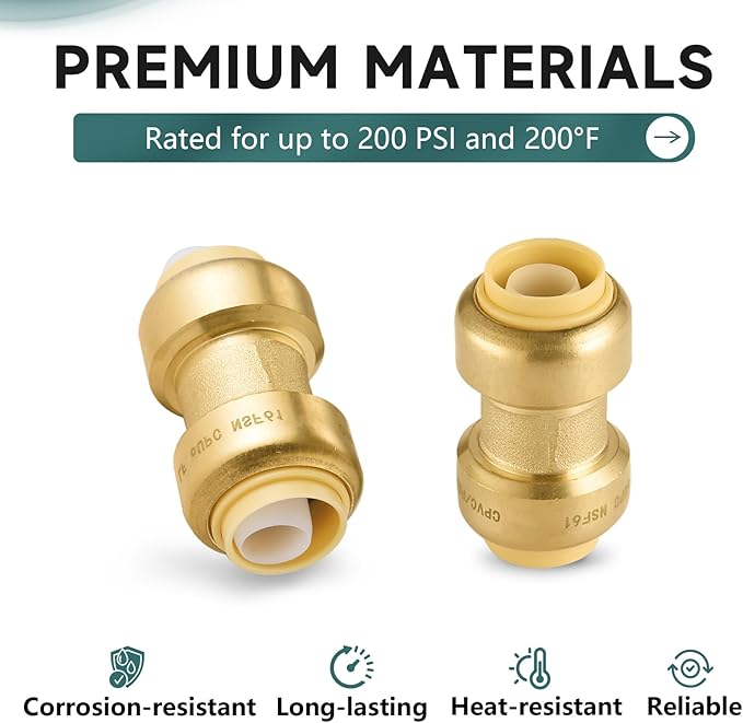 20-Pack Niikappu Push Fit Fittings, 3/4" x 3/4" Brass Plumbing Fittings to Connect PEX, Copper, CPVC, Brass Straight Coupling With Disconnect Clip(PF008-20Pack)
