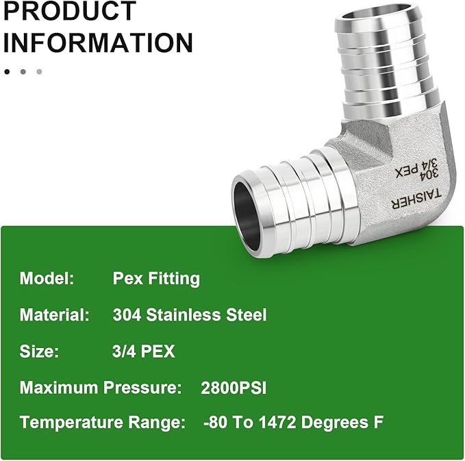 TAISHER 1PCS 304 Stainless Steel 90 Degree Elbow Pex Fittings, 3/4" Pex Fitting With 2PCS Hose Clamp For Pex Tubing Pipe