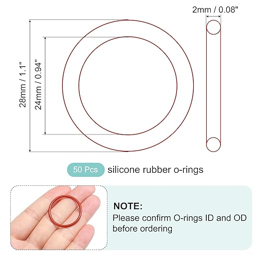 MECCANIXITY Silicone O-Ring 24mm ID 28mm OD 2mm Width Metric VMQ Sealing Gasket Replacement 50A Durometer for Plumbing Compressor Faucets Valves Repair (Red, Pack of 50)