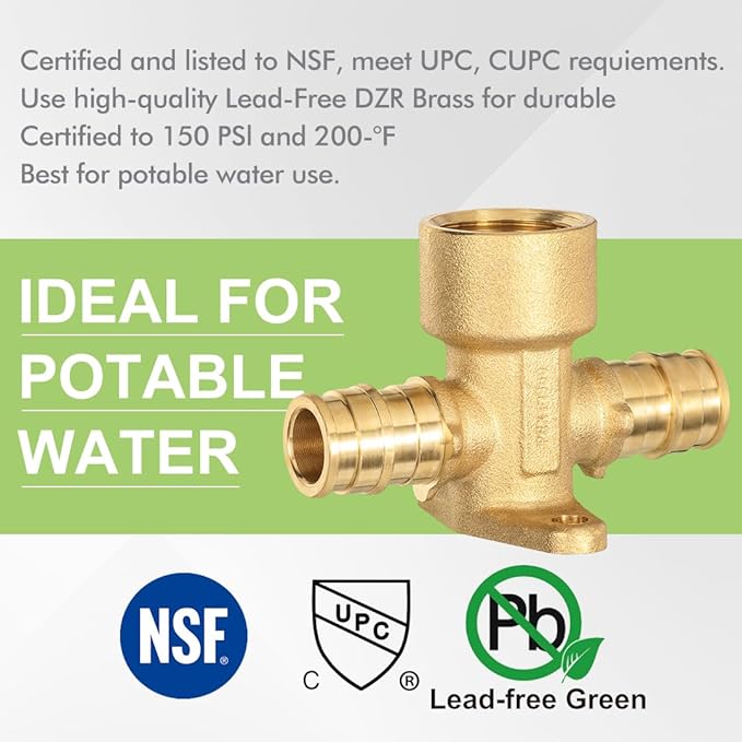 2 Pack Brass Expansion Drop Ear Tee Fittings, 1/2" x 1/2" Pex-A x 1/2" Female NPT, Full Port For Pex-A Tubing Connection, NSF/ANSI 61 NSF 372 Certificate, ASTM F1960 Certified