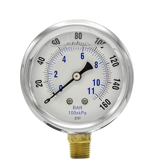 PIC Gauges PRO-201L-254F 0-160 PSI Pressure Gauge, 2 1/2" Dial, 1/4" Male NPT Connection, Bottom Mount, Dual Scale, Glycerin Filled, Stainless Steel Case/Bezel, Brass Internals & Plastic Lens