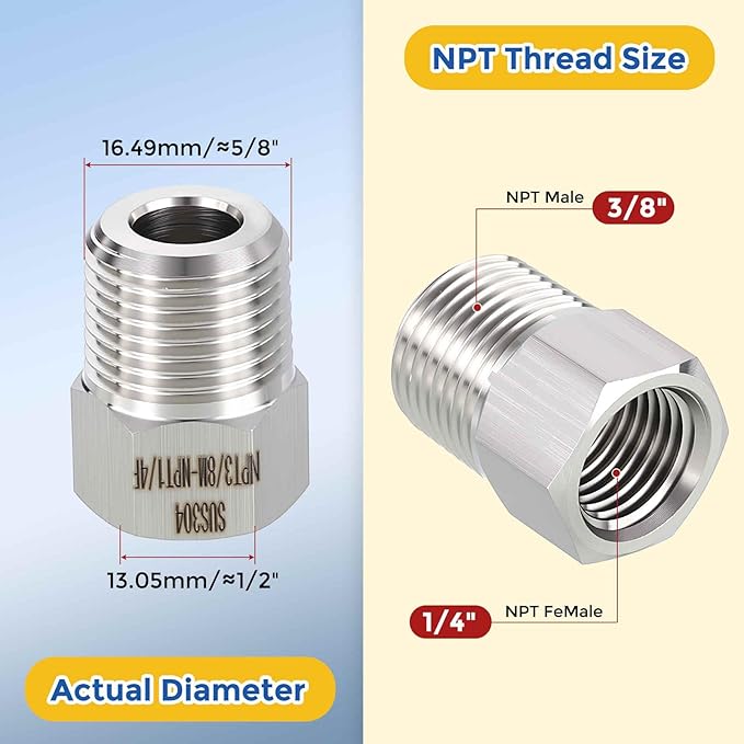 2 Pack 304 Stainless Steel Pipe Fittings, 3/8" MNPT to 1/4" FNPT Hex Bushing Reducer, Hose Tube Threaded Adapters for Air, Oil, LP, Gas
