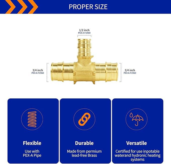 (Znkiok 10Pack) Pex A Expansion Fittings,3/4"x1/2"PEX-A Coupling,Long Service Life,Lead-Free Brass,NSF,UPC,ASTM F1960. (3/4"x3/4"x1/2"PEX-A Tee-10Pack)