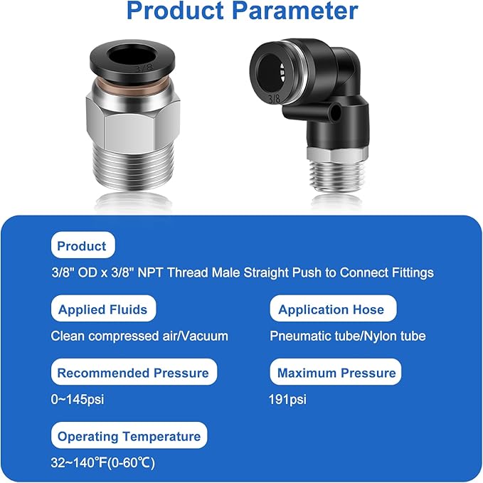 12 Pcs Push to Connect Fittings 3/8 Inch Tube OD x 3/8 Inch NPT Thread Pneumatic Male Straight and Elbow Quick Connect Air line fittings