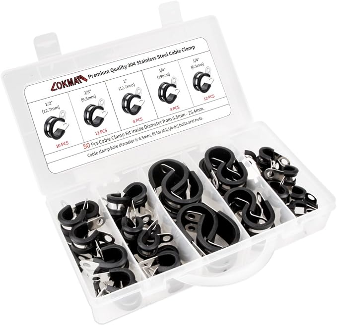LOKMAN 50 Pieces Stainless Steel Cable Clamp Assortment Kit, Rubber Cushion Pipe Clamps Wire Line Insulated Clamps Assorted for Tube, Pipe, Cord Installation in 5 Size 1/4'' 3/8'' 1/2'' 3/4'' 1''