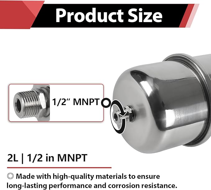 EFIELD 15-Gallon Capacity Stainless Steel Expansion Tank (2 L), Hammer Arrestor with 1/2 Inch Threaded For Tankless Water Heater, Water Dispensing/Beverage Appliances (TANK006)