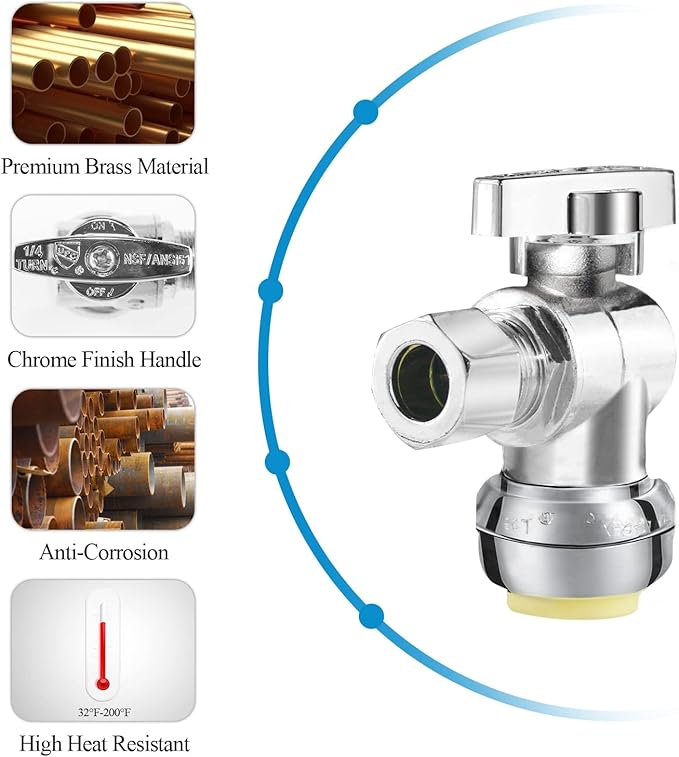 WiseWater Push to Connect Angle Stop Valve 1/2" Push x 3/8" Compression, 1/4 Turn for Quick Shut Off, Chrome Plated Brass with Disconnect Clip, for PEX, Copper, CPVC Pipes (Pack of 10)