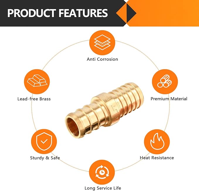 5-Pack HeSun Polybutylene Transition Coupling, 1/2" PEX X 1/2" PB, Brass Crimp Pex Fittings with 10 Rings, ASTM F1807(PEX1807504)