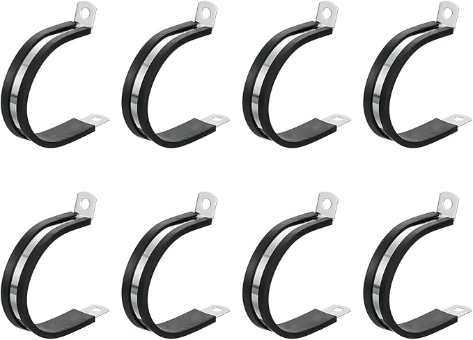 uxcell 1-7/8"(48mm) Cable Clamp, 304 Stainless Steel Rubber Cushioned Insulated Clamp R Shape Metal Clamp Tube Holder for Pipe Hose Wire Cord Installation 8Pcs