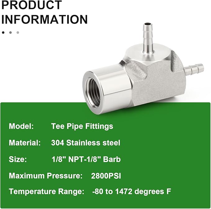 TAISHER 2PCS Forging of 304 Stainless Steel 3 Way Tee Hose Barb Fitting, 1/8" Hose Barb x 1/8" Hose Barb x 1/8" NPT Female for Fuel/Air/Lquid/Gas with 4PCS Hose Clamp