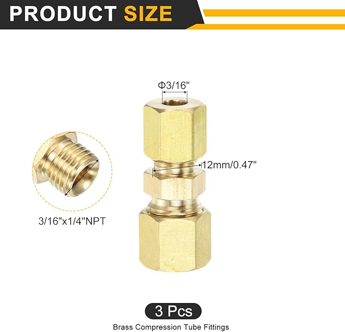 uxcell 10Pcs Brass Compression Tube Fitting, 3/16" Tube OD x 1/4" Tube OD Connector Straight Coupling Adapter Union Fittings