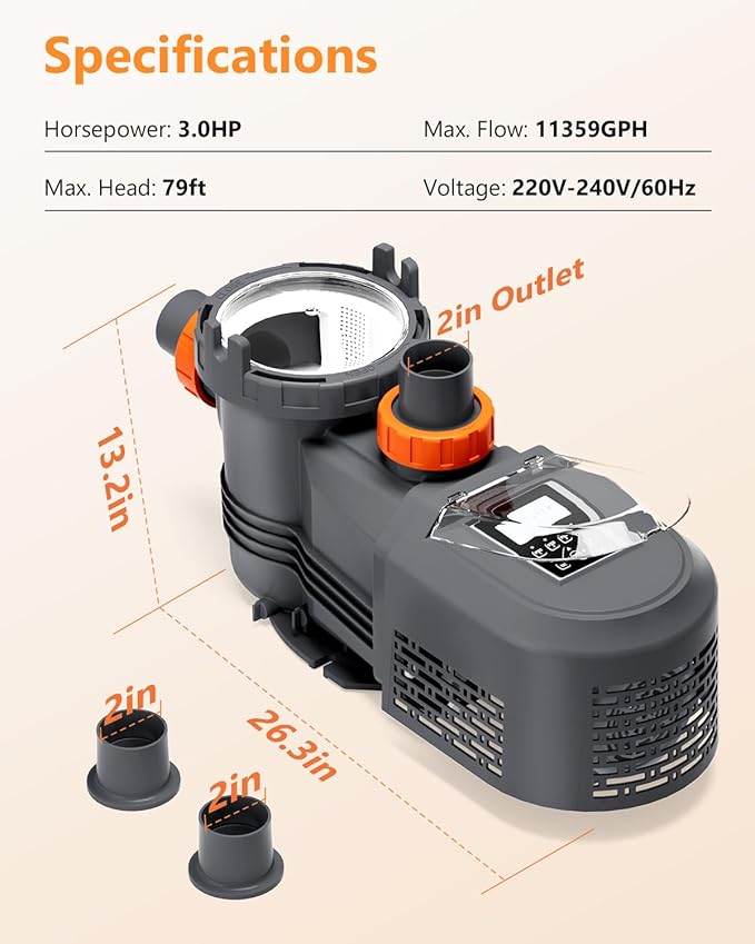 3HP Variable Speed Pool Pump In/Above Ground Swimming Pool Pump, 11359 GPH High Flow, 220-240V 60Hz, Self Priming Pool Pumps with Filter Basket