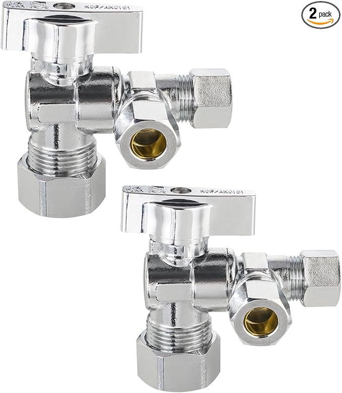 (Pack of 2) EFIELD 1/4 Turn Dual Compression Outlet Angle Stop Valve,1/2" NOM (5/8" OD) x (3/8 inch x 3/8 inch), Chrome Plated Brass Made,(VALVE206)
