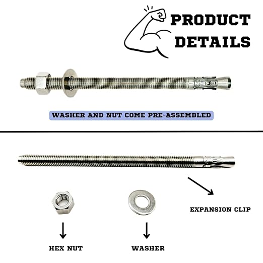 Wedge Anchors – Heavy-Duty 304 Stainless Steel Expansion Bolts for Concrete & Masonry, Rust-Resistant & Durable - 1/2" X 7-1/2" - 10 Pack