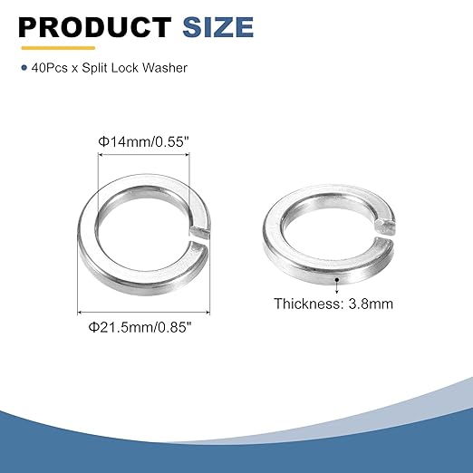 uxcell 40 Pcs M14 Split Lock Washers, 304 Stainless Steel Spring Lock Washer 14mm ID 21.5mm OD 3.8mm Thick for Screws Bolts Fasteners