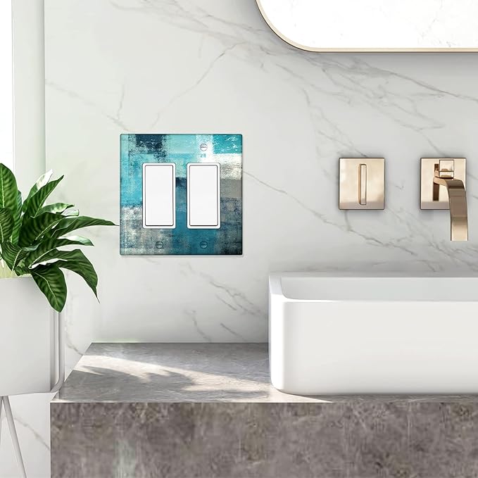 Turquoise and Grey 2-Gang Rocker Wall Plate Cover Teal Abstract Art Decorative Light Switch Cover Modern Electrical Outlet Covers Kitchen Accessories & Decor