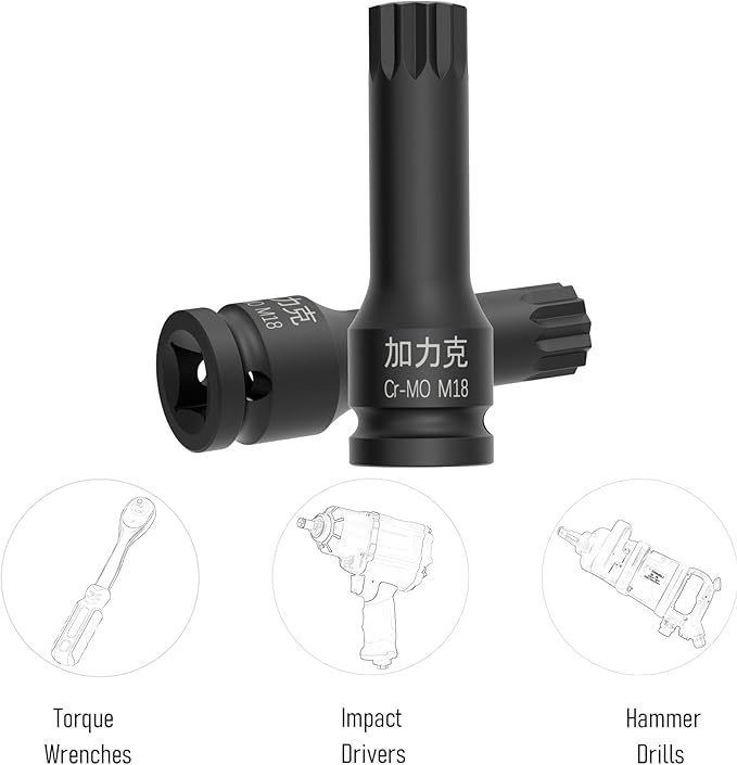 1/2-Inch Drive x M18(18mm) Impact XZN Triple Square Spline Bit Socket, Security Tamper Proof Metric Lengthen Screwdriver Socket Adapter, 3-Inch Length, One-Piece Construction, CR-MO, Black
