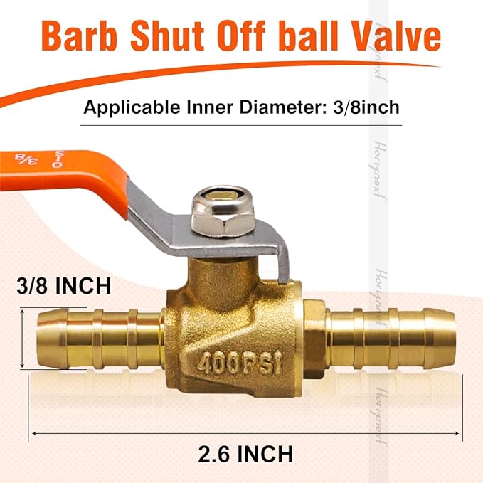 3/8 inch mini 2 way brass barb air ball valve for water gas fuel shut cut off 10mm pex tubing, (4 pcs in pack)