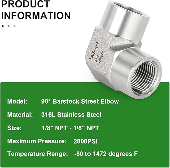 TAISHER 2PCS 316L Stainless Steel 90 Degree Barstock Street Elbow, 1/8" NPT Female to 1/8" NPT Female 316L Stainless Pipe Fitting